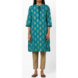 Avaasa NWT 100% Cotton Teal Yellow Pattern 3/4 Sleeve Split Neck Tunic Blouse S